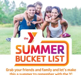 Summer Bucket List graphic with a family and logo
