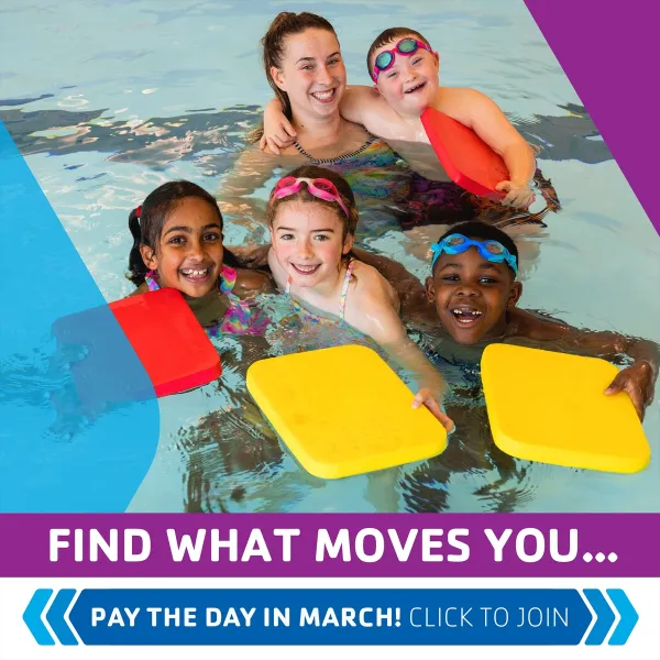 Kids swimming - Pay the Day in March graphic